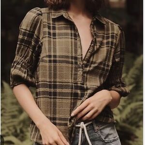 Pilcro Plaid Henley Bubble Sleeves Top